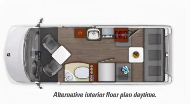 RV rental: Overhead floor plan for an RV interior, showing kitchen, bath, cab, and rear lounge area in daytime setup.. Roadtrek Roadtrek Class B 2021