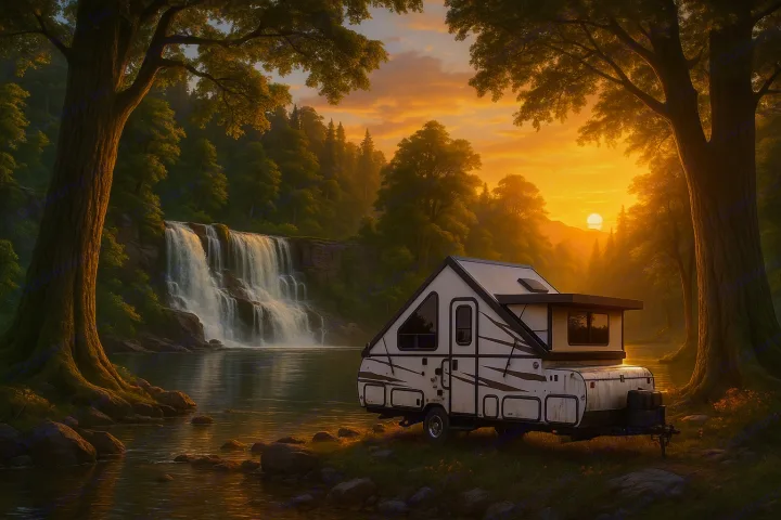 Experience nature with an RV rental: a parked camper, waterfall, & sunset in a serene forest by a lake.. Forest River Rockwood Premier 2019