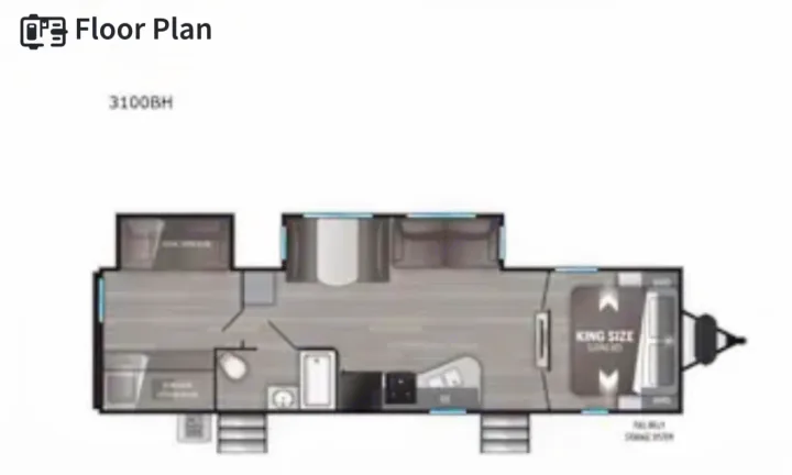 RV rental 3100BH bunkhouse floor plan: King bed, full bath. Detailed travel trailer layout.. Other Other 2021
