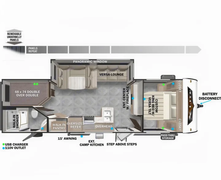 This RV rental floor plan details the interior layout, including bunk beds, kitchen, lounge, king bed, and bath.. Forest River Wildwood X-Lite Platinum 2024