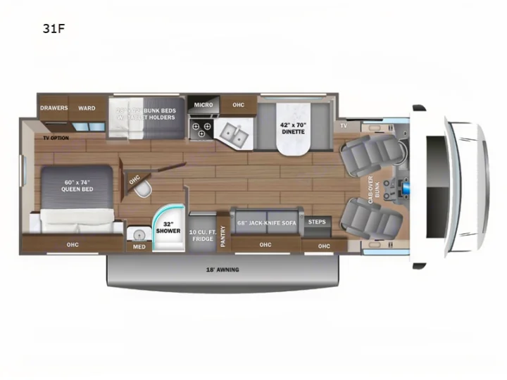 Spacious 31F RV rental floor plan: queen bed, bunk beds, dinette, kitchen, bath, and cab-over bunk for travelers.. Jayco Greyhawk 2026