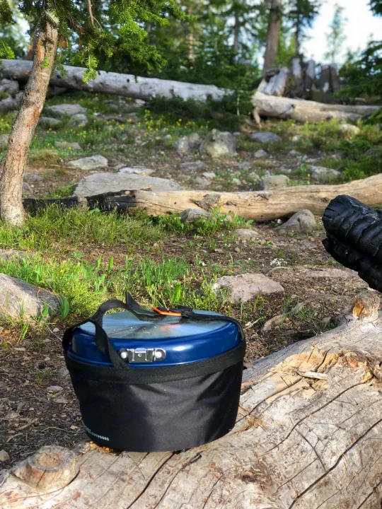 Essential camping gear: a blue and black pot sits on a fallen log amidst a lush forest, ready for your RV rental trip.. Kia EV6 Wind All Wheel Drive 2022