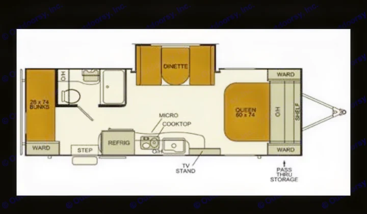 RV rental floor plan: Detailed interior layout showing queen bed, bunks, dinette, kitchen, and bathroom amenities.. Evergreen RV Ascend 2015
