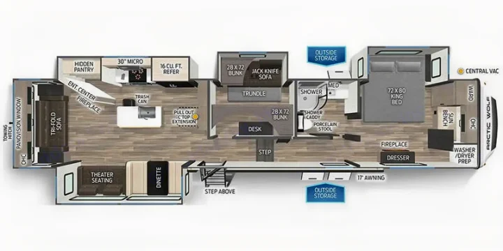 Detailed RV floor plan, ideal for rv rental, highlights spacious living, kitchen, bunk room, bath, and master bedroom areas.. Forest River Arctic Wolf 2025