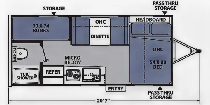 Explore this 20'7" RV rental floor plan: queen bed, bunks, kitchen, dinette, bath, and ample storage areas.. Coachmen Apex Nano 2023