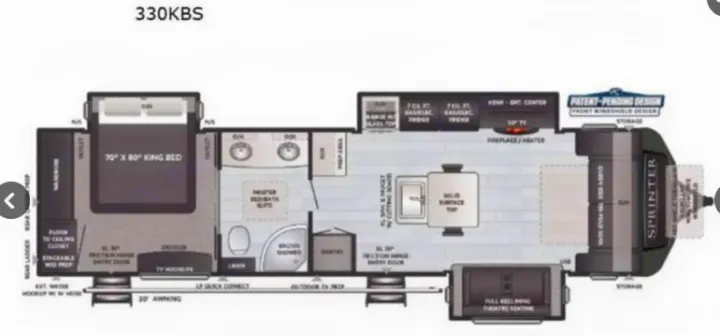RV floor plan for a Sprinter 330KBS, detailing the spacious interior with king bed, kitchen, and living areas. Great for an rv rental.. Keystone RV Sprinter Limited 2021