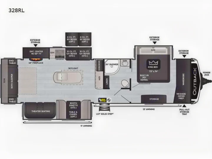 Explore the Outback 328RL travel trailer RV rental floor plan, detailing its interior layout, including living, kitchen, bath, and bedroom.. Keystone RV Outback 2022
