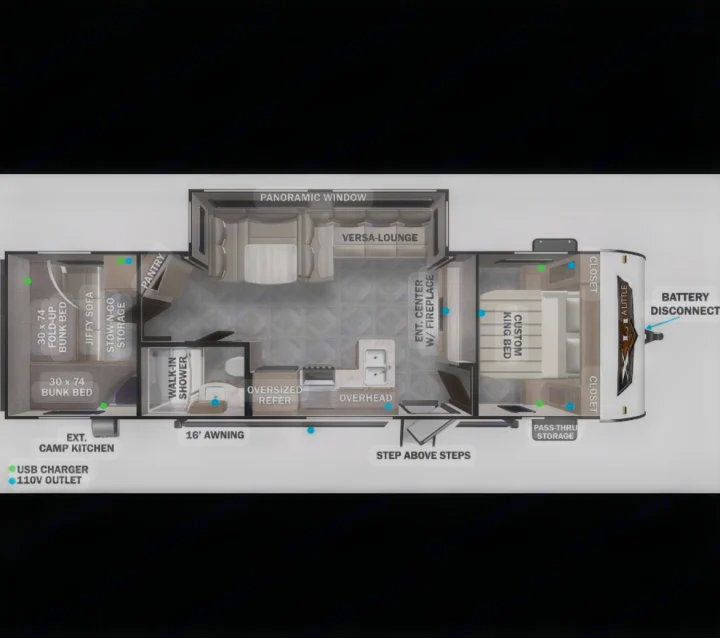 Detailed RV rental floor plan features a spacious bunkhouse, king bed, Versa-Lounge, full kitchen, and walk-in shower.. Forest River Wildwood X-Lite 2023