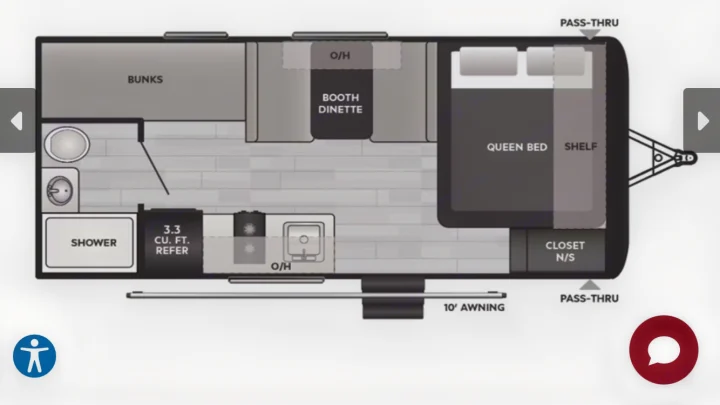 Explore this RV rental's detailed floor plan, featuring a queen bed, bunks, dinette, shower, kitchen, and pass-thru storage.. Keystone Springdale 2025