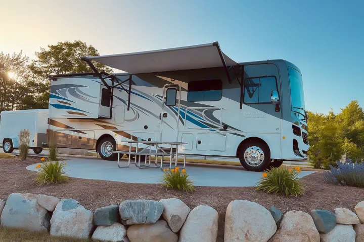 RV rental at a picturesque campsite: A large motorhome with extended awning, trailer, and picnic table.. Holiday Rambler Invicta 2021