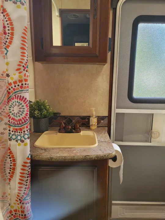 This RV rental's compact bathroom offers a sink, mirrored cabinet, colorful shower curtain, and a roll of toilet paper.. Forest River Wildwood Heritage Glen Lite 2014
