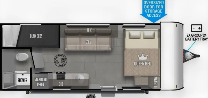 RV rental floor plan: queen bed, bunk beds, sofa, shower, kitchen area, plus exterior storage access and battery tray.. Forest River Salem 2024