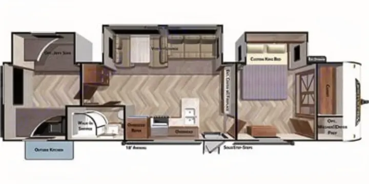 RV rental floor plan: large layout with king bed, living room, kitchen, bath, office, and outdoor kitchen for comfortable travel.. Forest River Wildwood 2020