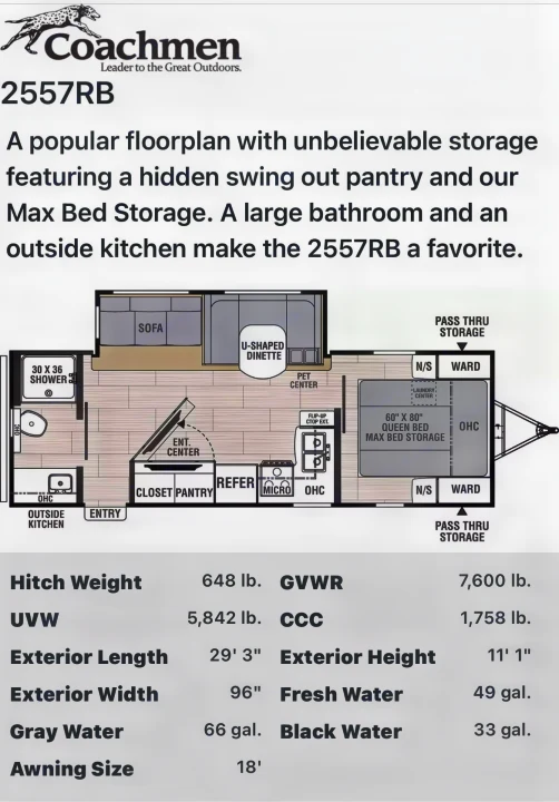 Coachmen 2557RB travel trailer RV rental details: floorplan, specs, hidden pantry, queen bed storage, outside kitchen.. Coachmen 2557RB 2021
