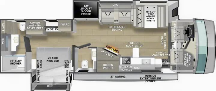 This RV rental floor plan details a spacious interior with king bed, kitchen, bath, dinette, and lounge for comfortable travel.. FR3 FR3 Motorhome 2022