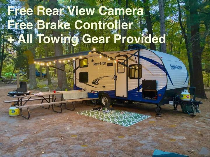 Sun-Lite RV rental at a scenic campsite, complete with picnic area and lights. All towing gear is provided for your adventure!. Sunset Park RV Sun Lite 2019