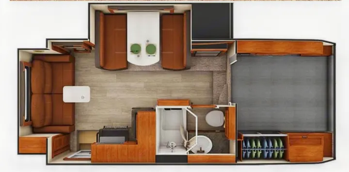 This RV rental floor plan shows an overhead view of the interior layout, including a living area, dinette, kitchen, bathroom, and bedroom.. Lance 1172 2017