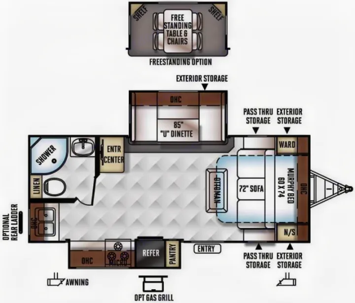 Detailed RV rental floor plan shows a camper layout with kitchen, bath, U-dinette, sofa, and Murphy bed.. Forest River Rockwood Ultra Lite 2016