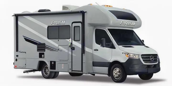 A modern gray/white Coachmen Prism Class C motorhome on a Mercedes-Benz chassis, excellent for an rv rental.. Coachman Prism Select 24 CB 2021