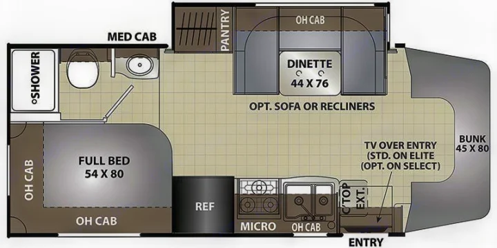 RV rental floor plan: Full bed (54x80), bunk (45x80), dinette (44x76), kitchen, and bath layout. See compact interior design.. Coachman Prism Select 24 CB 2021