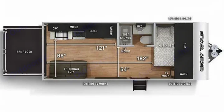 RV rental floor plan of a Grey Wolf travel trailer. Shows interior layout with ramp door, kitchen, bath, queen bed, and dimensions.. Forest River Grey Wolf 2021