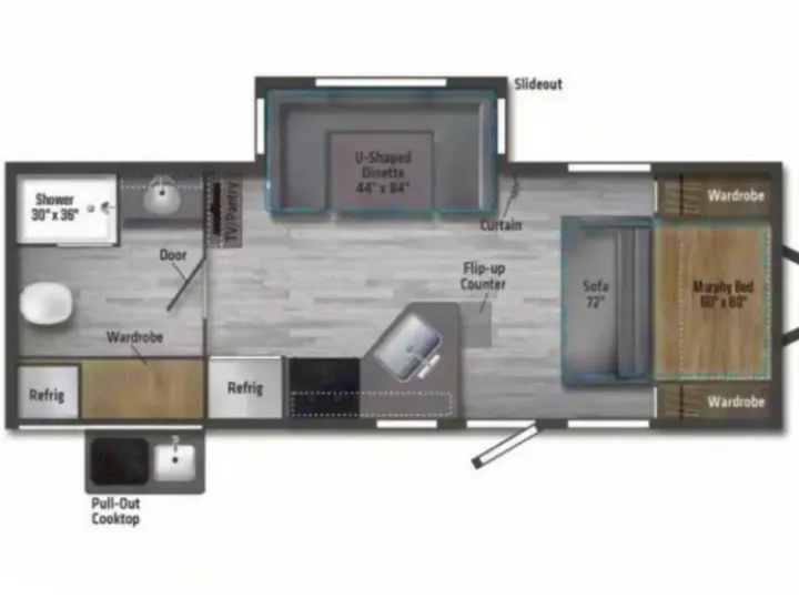 Explore this RV rental's detailed floor plan featuring a U-shaped dinette, kitchen, full bath, sofa, and Murphy bed.. Winnebago Minnie 2201MB 2022