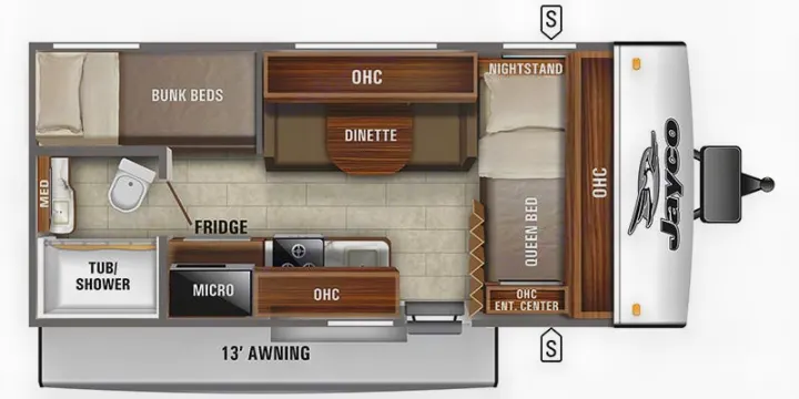 Detailed Jayco RV floor plan showing interior layout: queen bed, bunk beds, kitchen, dinette, and bath. Perfect for rv rental.. Jayco Jay Feather Micro 2021