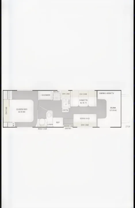 Explore this RV rental 270B floor plan, featuring queen bed, shower, dinette, and bunk. Perfect for family adventures.. Forest River Coachmen Freelander 2017