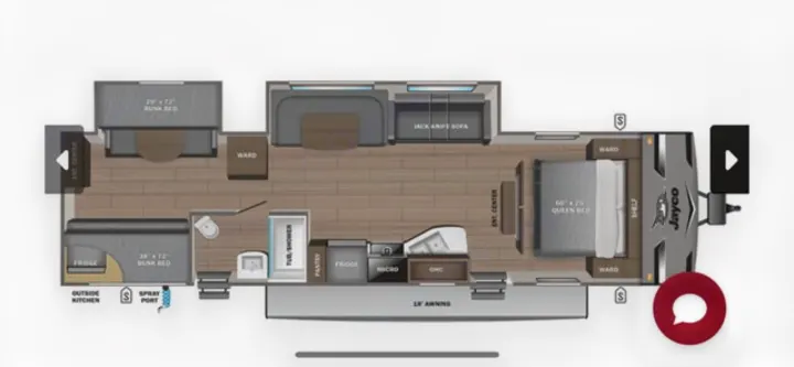 RV rental floor plan: A travel trailer layout with queen bed, bunk beds, kitchen, and bath, ideal for family travel.. Jayco Jay Flight SLX 2024