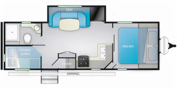 **RV rental** floor plan of a travel trailer, showing a king bed, double bunks, kitchen, and bath. Ideal for families.. Heartland RVs Mallard 2021