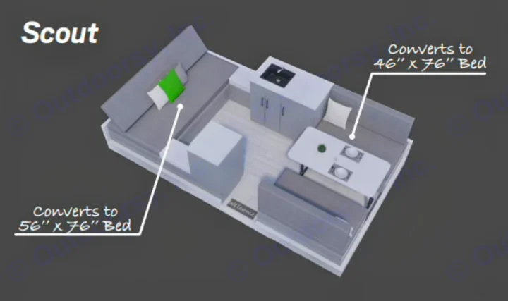 Scout RV rental's interior floor plan with convertible beds (56"x76", 46"x76"), kitchen, and dining area.. A Liner A Liner Popup Trailer 2021