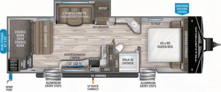 An RV rental floor plan illustrating the interior layout, including bunk beds, queen bed, kitchen, bath, and living areas.. xpolar 265bh 2023