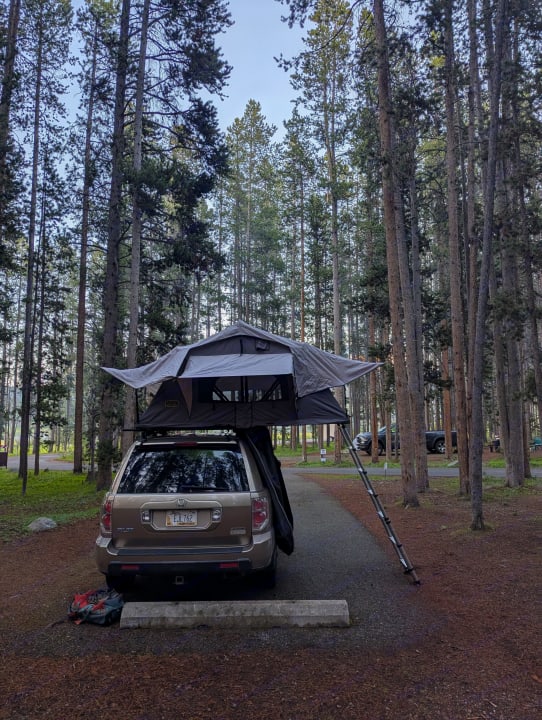 Car with rooftop tent set up in a pine forest campsite. A unique alternative to an RV rental for outdoor adventures!. Honda Pilot 2007