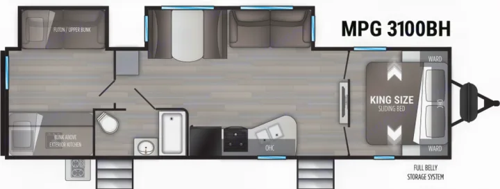 RV rental: MPG 3100BH travel trailer floor plan with bunkhouse, king bed, kitchen, and bath. Spacious layout for family trips.. Cruiser RV MPG Ultra Lite 2021