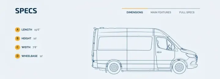 RV rental van specs: Length 19'6", Height 10', Width 7'8", Wheelbase 12'. Side profile drawing of the vehicle.. Ultimate Toys Ultimate Cruiser 2024
