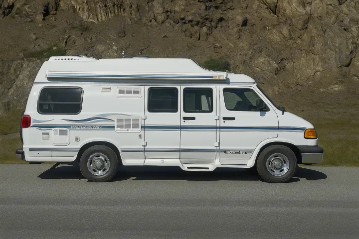 White Pleasure-Way Excel TS RV rental parked by a rocky hillside on asphalt.. Pleasure Way Excel 2001