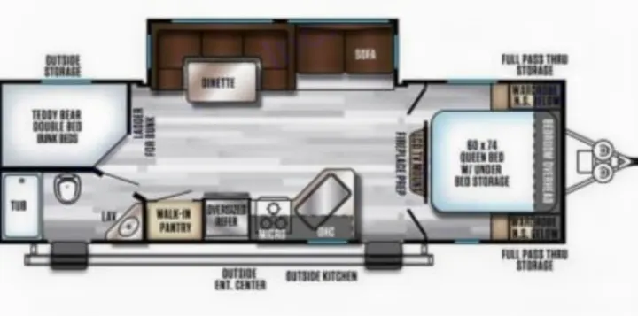 RV rental floor plan: A detailed camper layout featuring a queen bed, bunk beds, kitchen, bathroom, and living areas.. Forest River Cherokee Alpha Wolf 2018