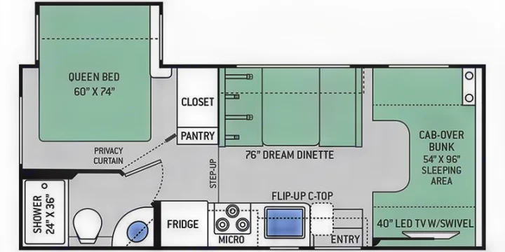 This detailed RV rental floor plan includes a queen bed, cab-over bunk, 76" dinette, kitchen, and full bath.. THOR MOTOR COACH Freedom Elite 2019