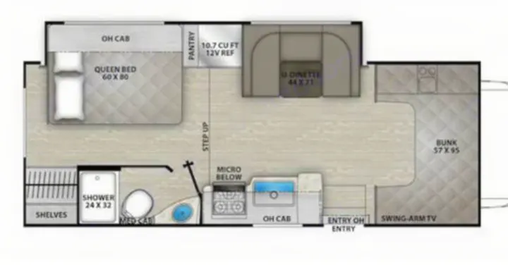 This rv rental floor plan displays a queen bed, U-dinette, kitchen, bathroom with shower, and a spacious bunk area.. Forest River Coachmen Freelander 2025