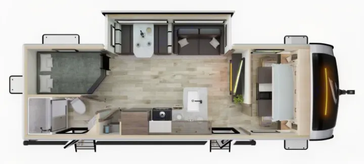 RV rental floor plan: an aerial view of a spacious interior with bedroom, bathroom, kitchen, and living areas.. Cruiser RV x252 Go Explore 2025