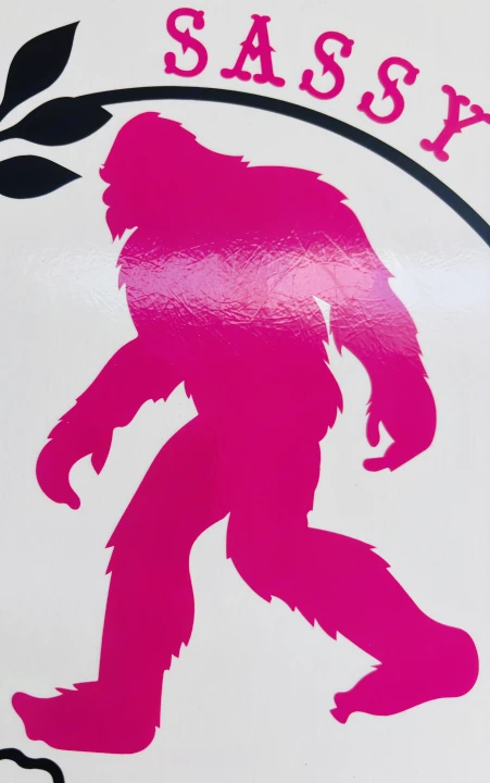 Sassy pink Bigfoot decal perfect for your RV rental adventure! Features Bigfoot silhouette, 'SASSY' text, and leaves on white.. East to West Della Terra 2021
