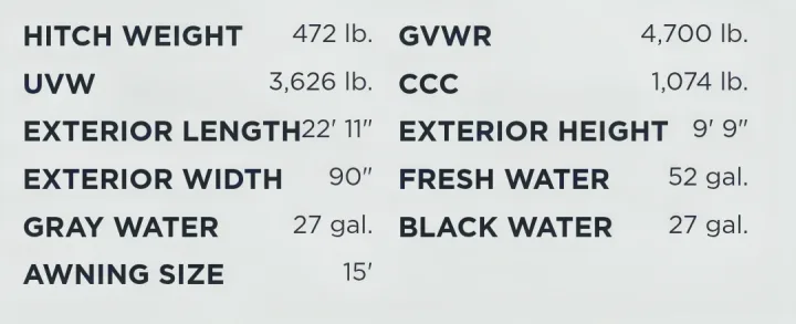 Detailed specs for an RV rental, including weight, dimensions, and water tank capacities, are listed.. Coachmen Apex Nano 2024