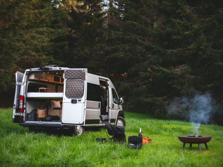 Experience outdoor adventure with this RV rental. A camper van is parked in a grassy forest clearing with a fire pit.. Wayfarer Walt 2021