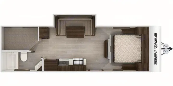 Overhead RV rental floor plan: bedroom, U-dinette, kitchen, bath, and rear bunk area. See the complete travel trailer layout.. Forest River Cherokee Grey Wolf 2020