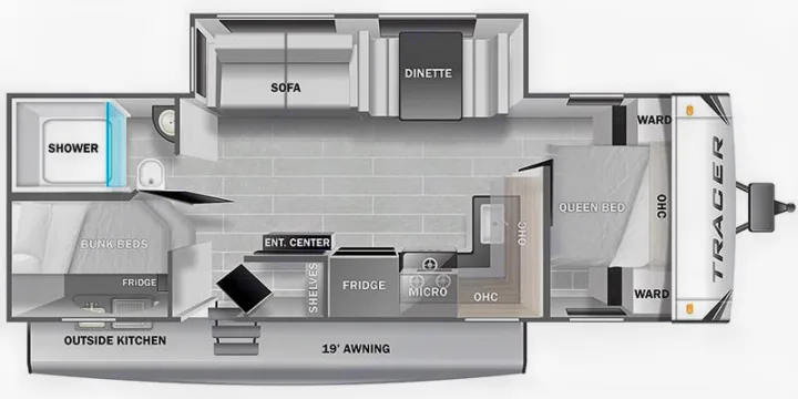 RV rental floor plan displays interior layout: kitchen, living area, bath, bunk beds, and queen bed.. Forest River Tracer 2021
