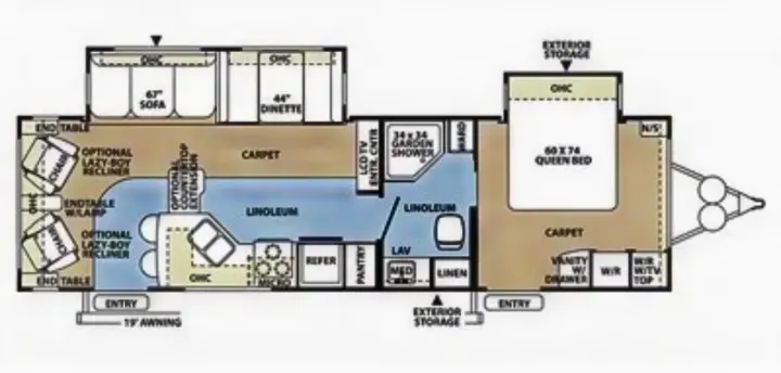 This RV rental floor plan details a spacious layout with living, dining, kitchen, bath, and queen bedroom areas.. Rockwood Signature Ultra Lite 2012