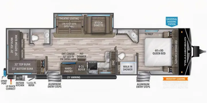 Detailed RV rental floor plan: queen bed, bunk beds, kitchen, bathroom, theatre seating, and outdoor amenities.. Grand Design Transcend Xplor 2022
