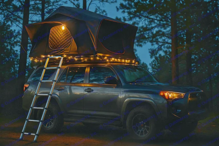 SUV with glowing rooftop tent and ladder, surrounded by string lights, in a dark forest. A unique RV rental camping experience.. Toyota 4Runner TRD OffRoad 2020