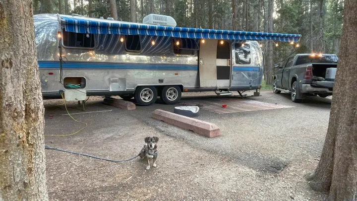 An RV rental Airstream, truck, and leashed dog are set for a cozy camping trip in a wooded campsite, awning lit.. Airstream Excella 1981