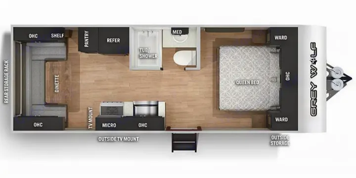 Explore this Grey Wolf RV rental floor plan. It features a queen bed, dinette, full kitchen, bath, and ample storage.. Forest River Grey Wolf Limited 2022